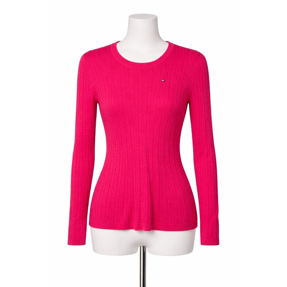 Tommy Hilfiger Women's Pink Cable Knit Sweater Long Sleeve Crewneck‎ [S]